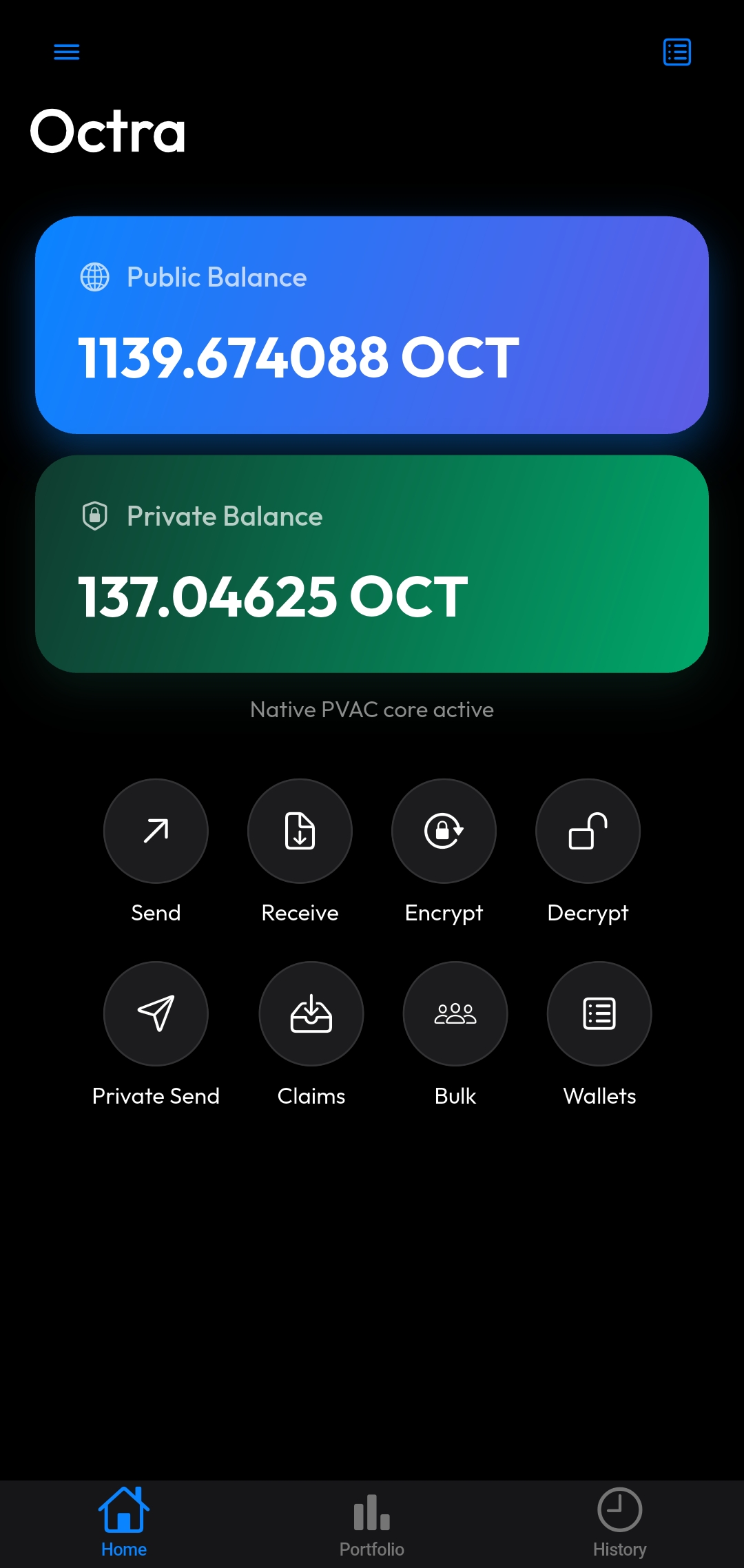 Octra Wallet home screen showing 1139 OCT public balance and privacy action buttons