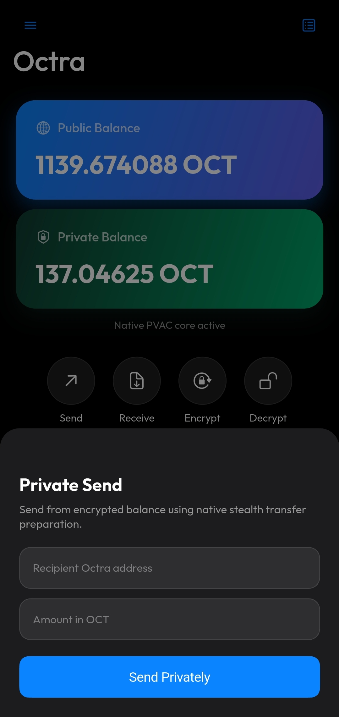 Private Send sheet: stealth transfer with recipient address and OCT amount fields