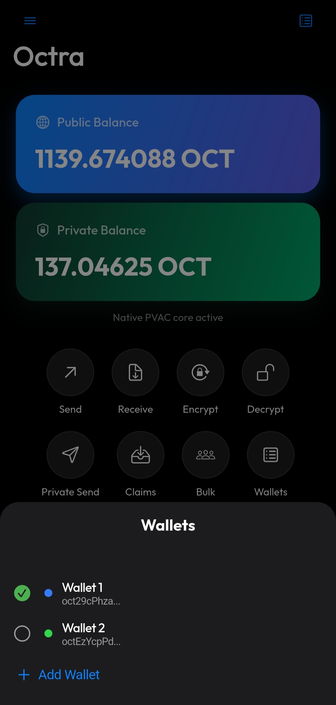 Multi-wallet selector: Wallet 1 and Wallet 2 with add wallet option
